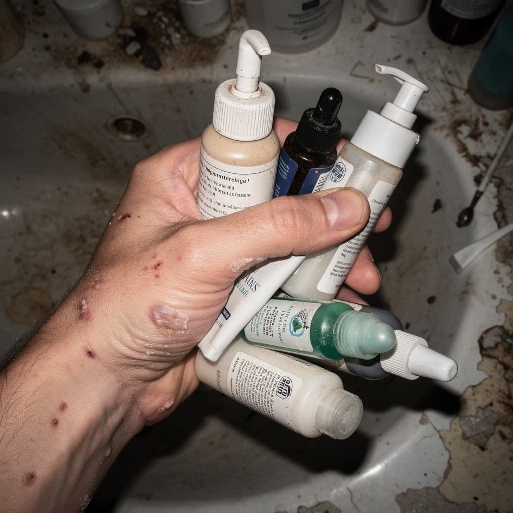 AI generated: subject: A human hand prominently holding a variety of common skincare products, including creams, s...