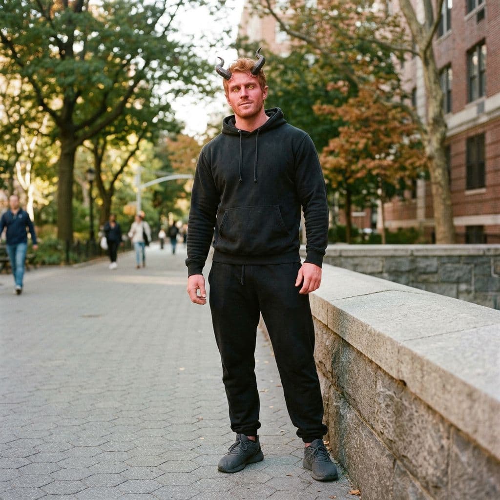 AI generated: A muscular attractive man with light red skin and red hair with yellow eyes with a black hoodies wit...