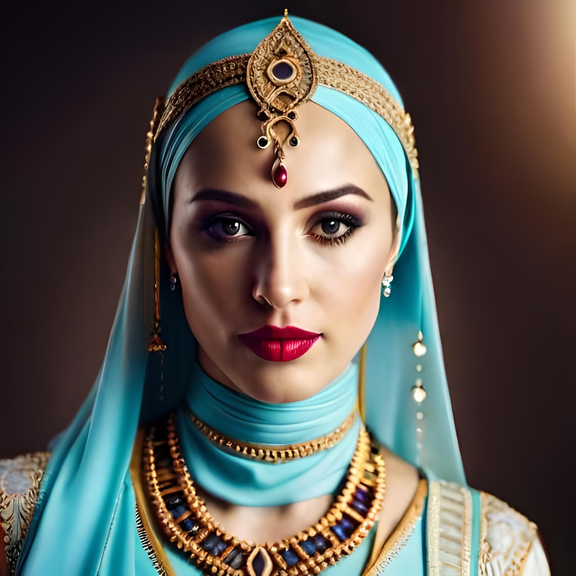 AI generated: Portrait of beautiful 20 year old white women who is wearing a dress like Arabian princesses and wea...
