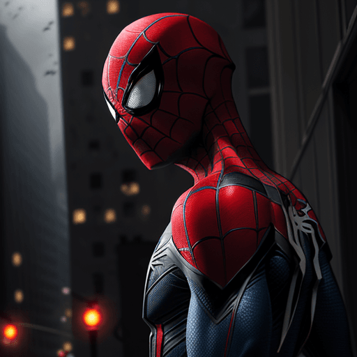 AI generated: Spider-Man close up, ominous, detailed suit, gloomy city in backround. 