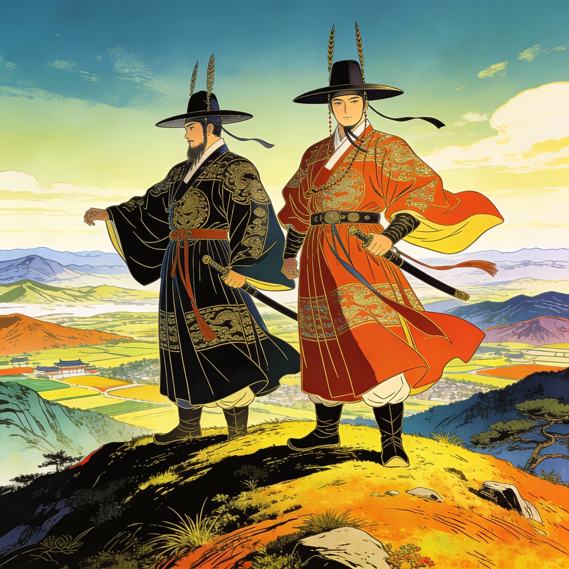 AI generated: two hans holding| standing on hill |centered| key visual| intricate| highly detailed| breathtaking| ...