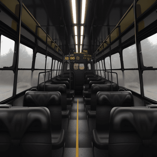AI generated: bus driver inside the glossy black school bus from behind, mist, foggy, death<lora:xl_more_art-full_...