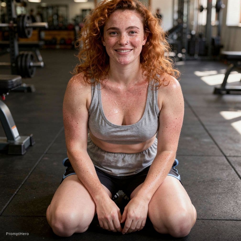 AI generated: Produce a photorealistic, candid, unplanned and sloppy gym photo of a 4'10", average-looking (averag...