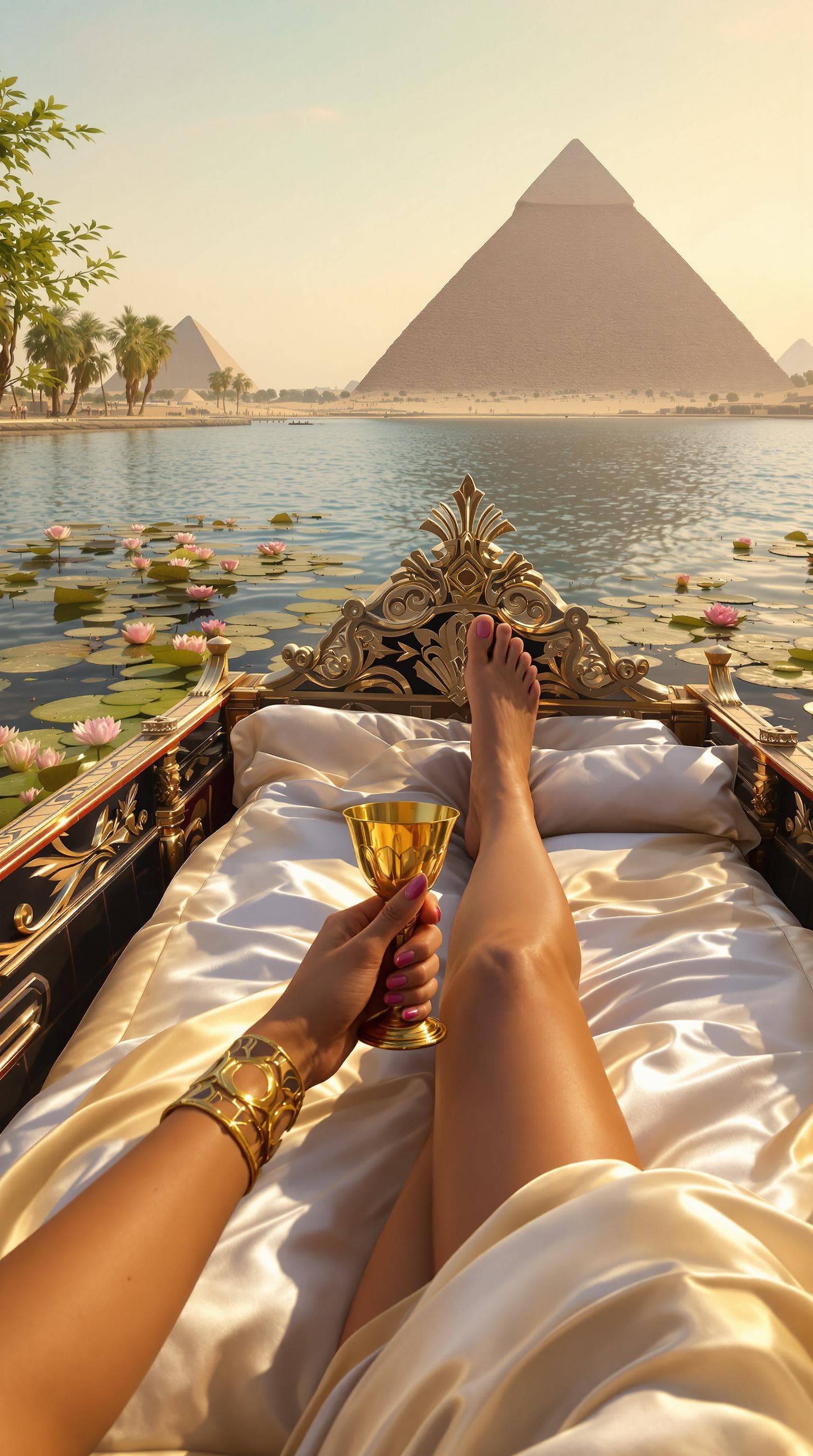AI generated: A hyper-realistic first-person perspective of Cleopatra VII reclining on a silk-covered chaise aboar...