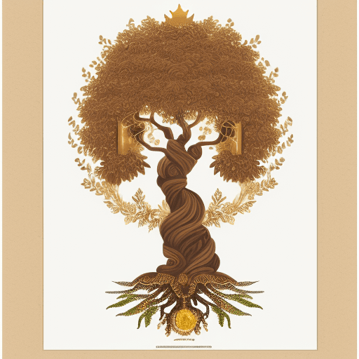 AI generated: drawing of a Brazilian tree, whose crown is made up of leaves, with a golden vision, illuminated wit...