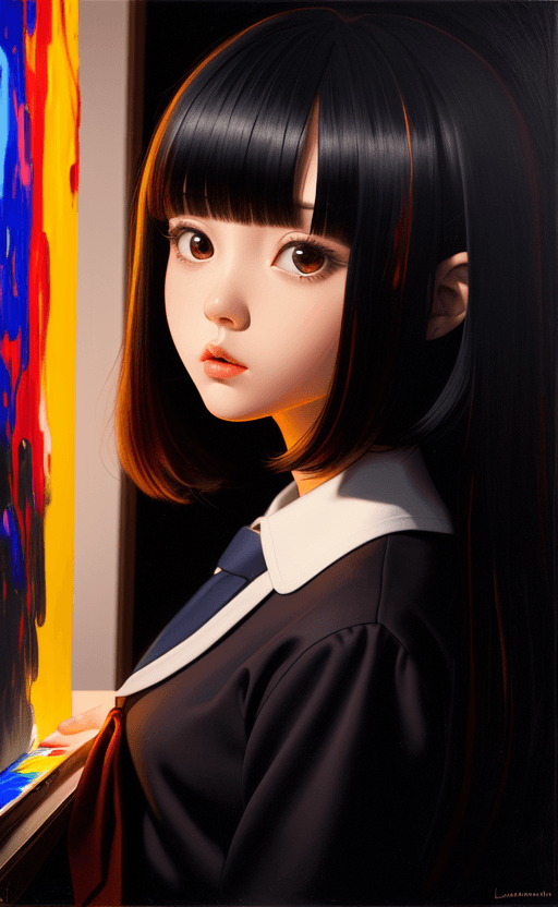 AI generated: 32k, Luminism, surrealism, chiaroscuro, oil painting, a cute korean large eyes girl, bangs, looking ...