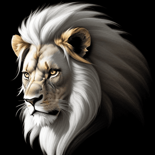 AI generated: Lion, traditional japanese, black background, white hair, angry expression