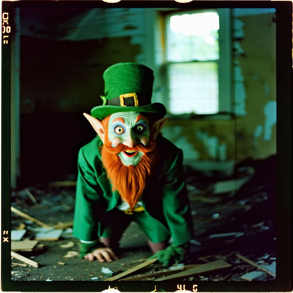 AI generated: grainy 80's photograph quality polaroid of a leprechaun caught in an abandoned house, dark, uncanny,...
