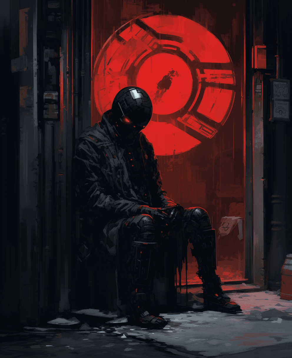 AI generated: A cyberpunk street corner with an android sitting on the ground behind black metal bars. A red glowi...