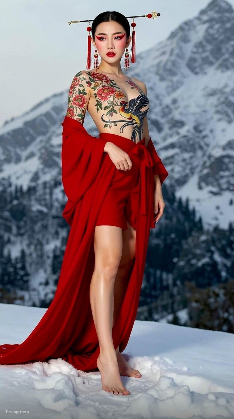 AI generated: Full body view of  a stunning portrait of an elegant Asian woman, with a snow-covered mountain in th...