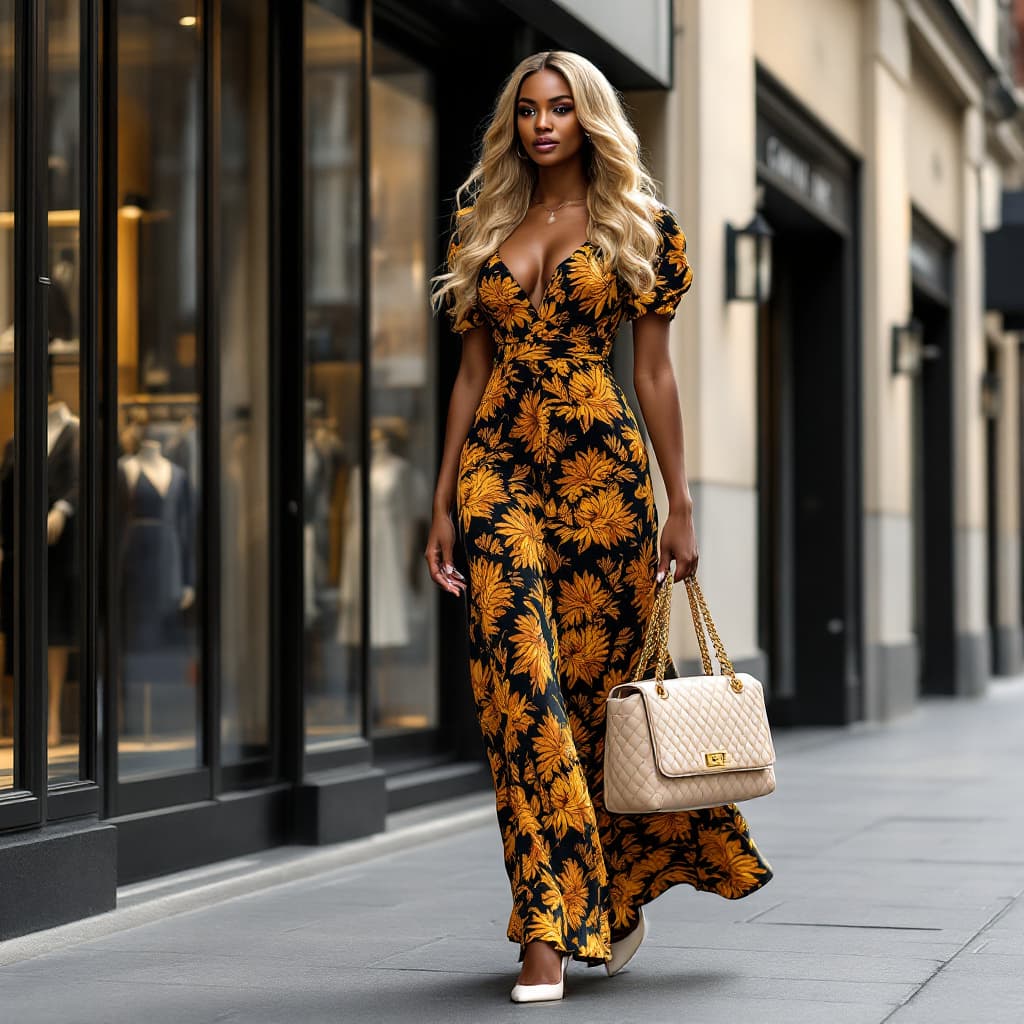 AI generated: Produce a highly detailed, realistic photo of a fashionable black American woman walking along a bus...