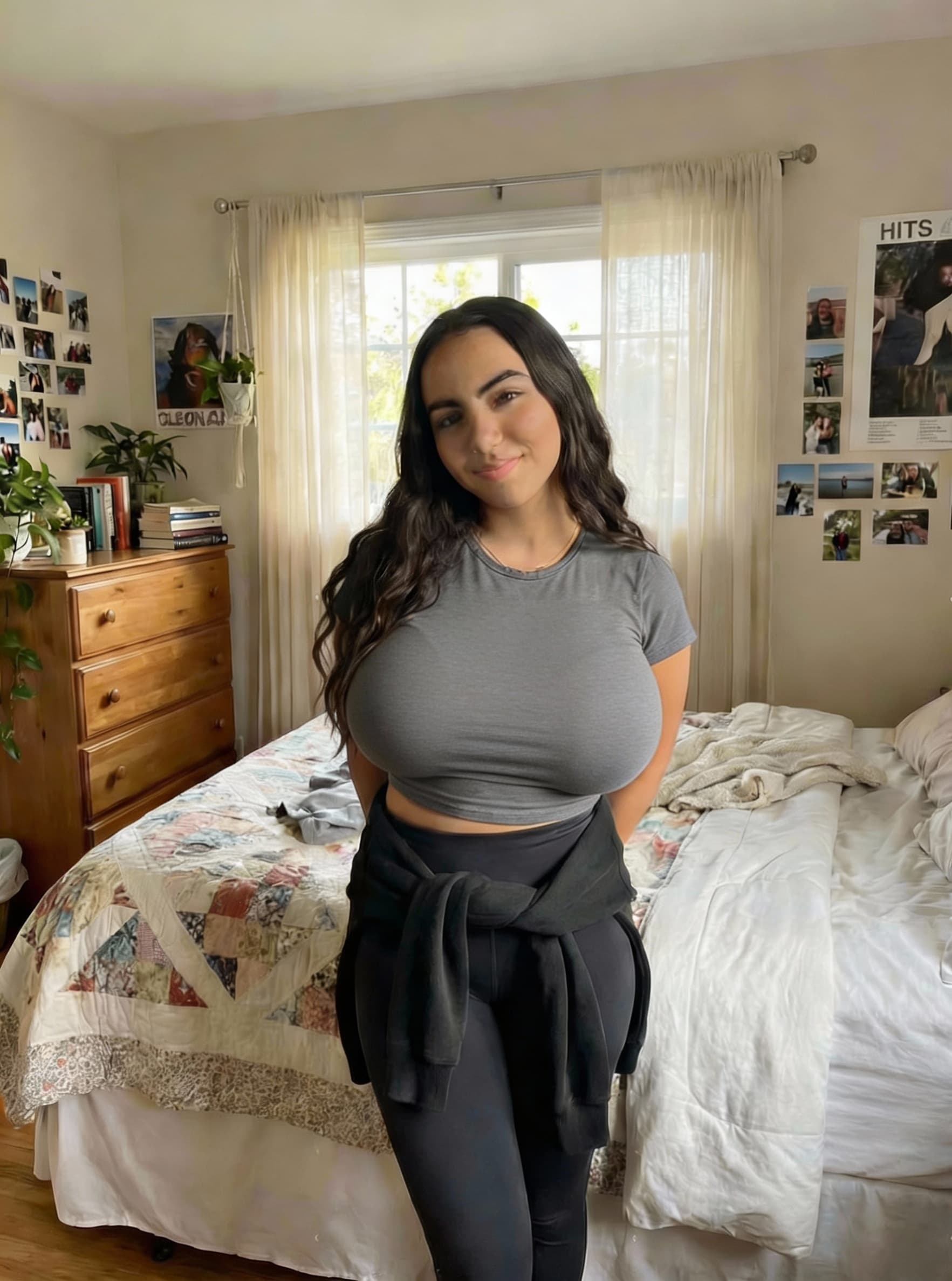 AI generated: Fix her clothes ir change It to a Gray cropped tight shirt
