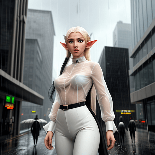 AI generated: A realistic looking female elf in see through white shirt and black pants in a modern world that is ...