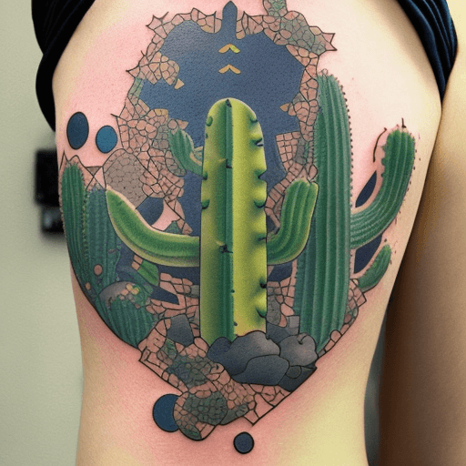 AI generated: Design a minimalist tattoo that captures the essence of a cactus, trust, cat, road, and sea in a coh...
