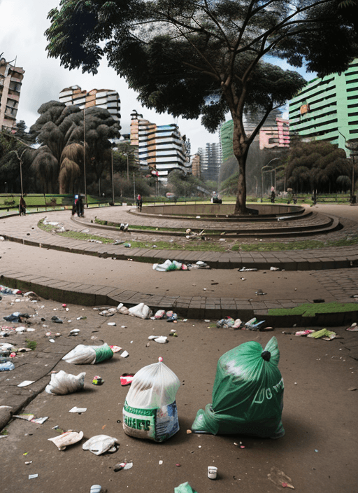 AI generated: High quality photography of a park in poor condition due to garbage in the city of Bogota