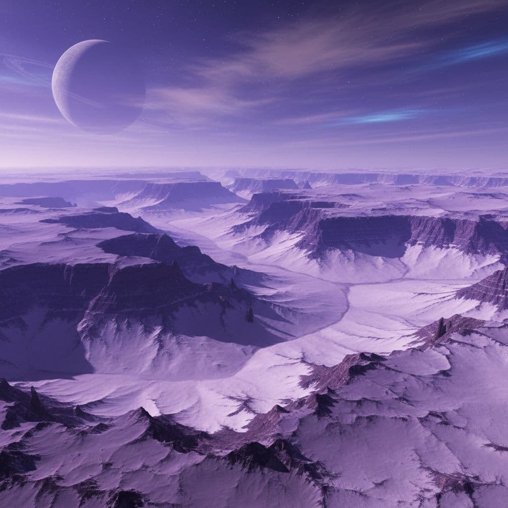 AI generated: a Purple Planet with lots of canyons and deserts of white sand