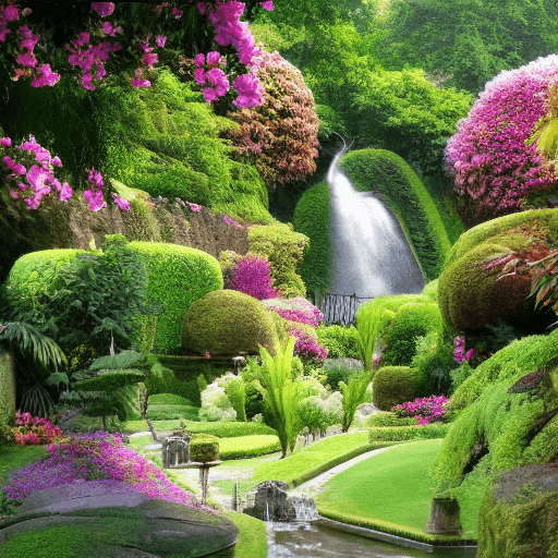 AI generated: Beautiful palace garden, flowers, exotic trees, cascading waterfall, ultra realistic, curve, cinemat...