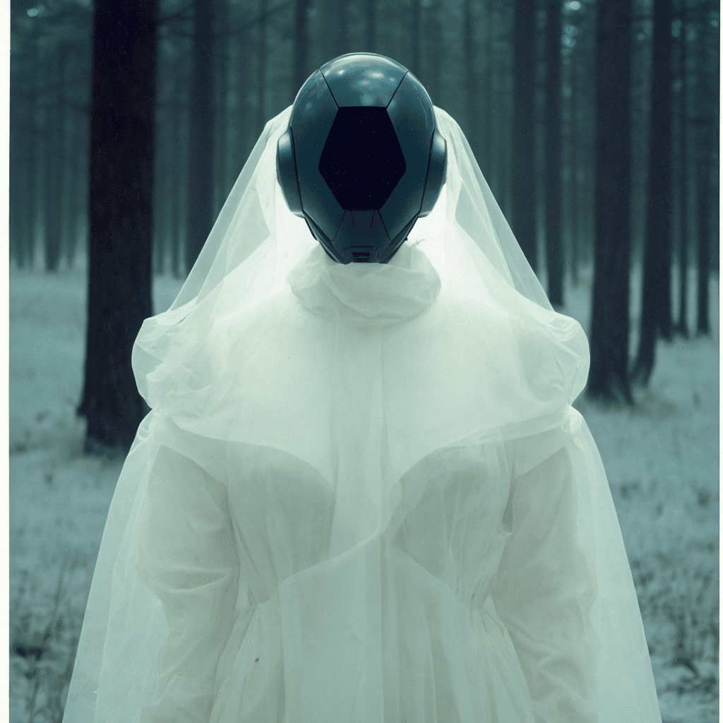 AI generated: cybernetic style dull outdoor forest, photo of a knight with no face, wearing opened helmet no face ...