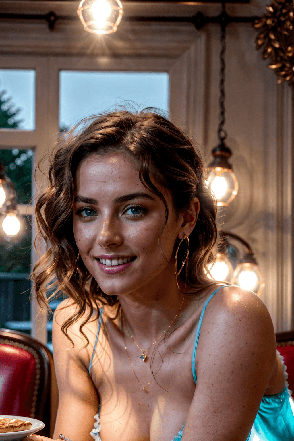 AI generated: 26-year-old woman with Brunette hair, sexy smile, beautiful face, tousled locks, and light blue eyes...