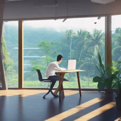 AI generated: photo of a ultra realistic co-working space , a digital nomad is seated on a dedicated desk and is w...