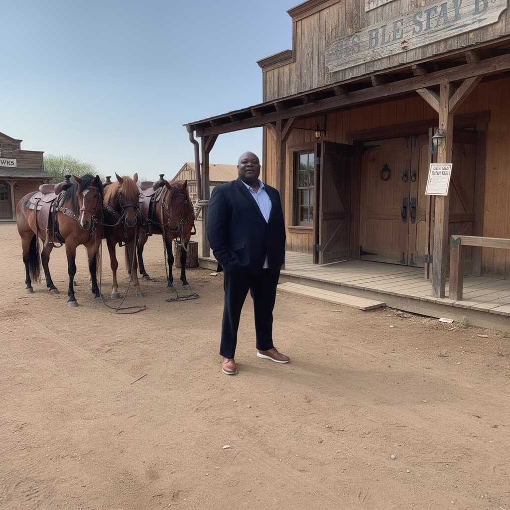 AI generated: Outside an old West saloon, there are three muscular and beautiful saddled horses tied to a hitching...