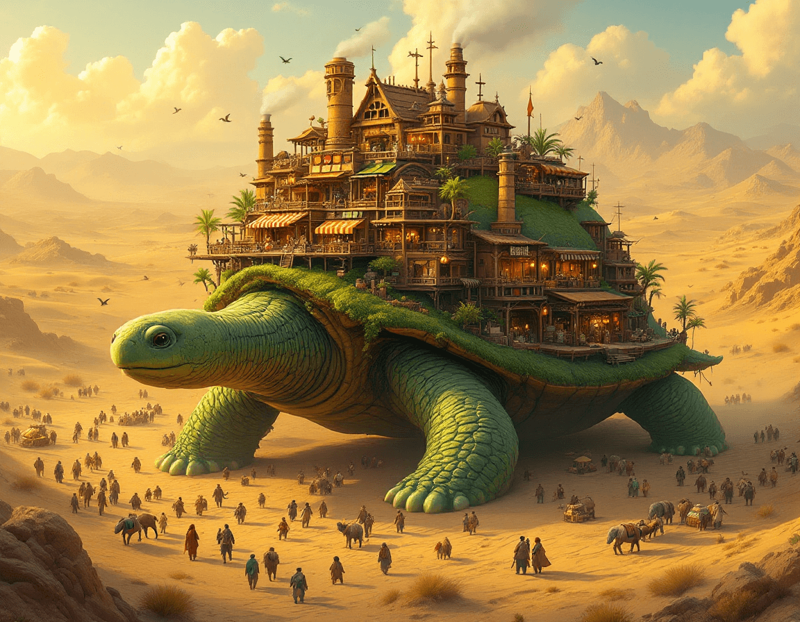 AI generated: A gigantic, gentle turtle with a vibrant green, moss-covered shell walks slowly through a bustling d...