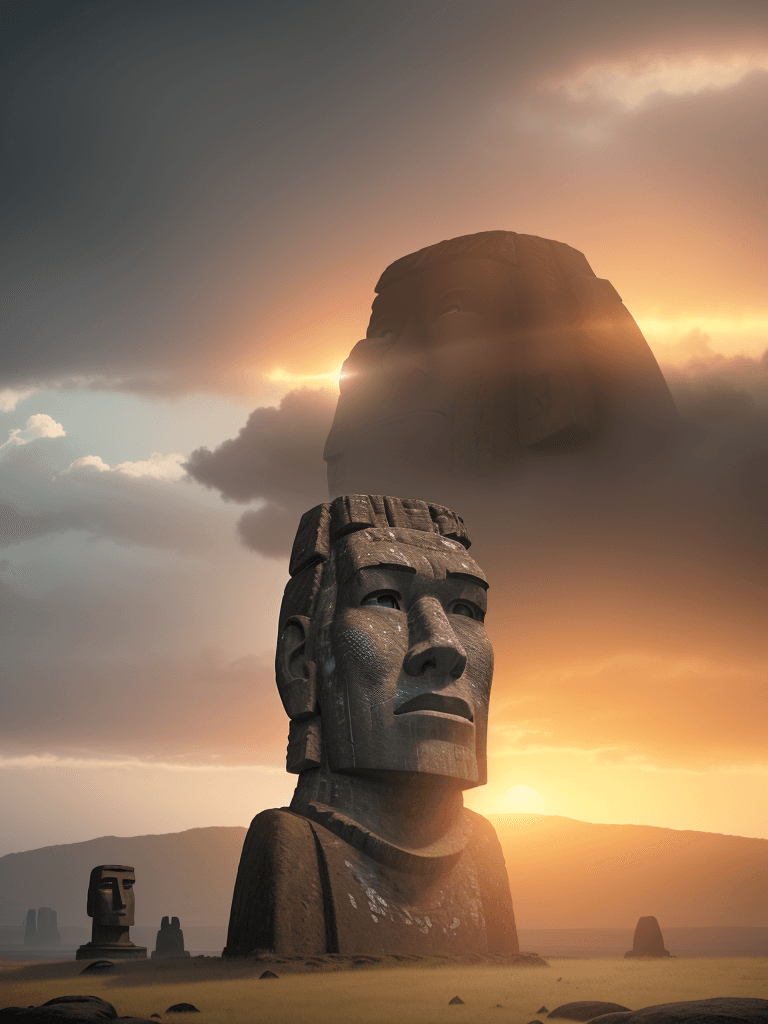 AI generated: Photo of a ultra realistic moai, one of the famed, giant stone, dramatic light, pale sunrise, cinema...
