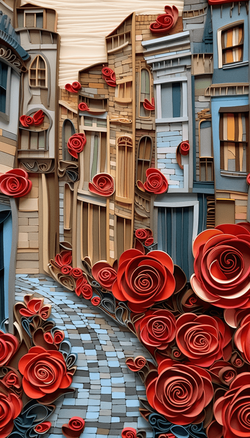 AI generated: Quilling of city street with red roses, abstract shapes, ultra high detailed --ar 4:7 --v 5.1