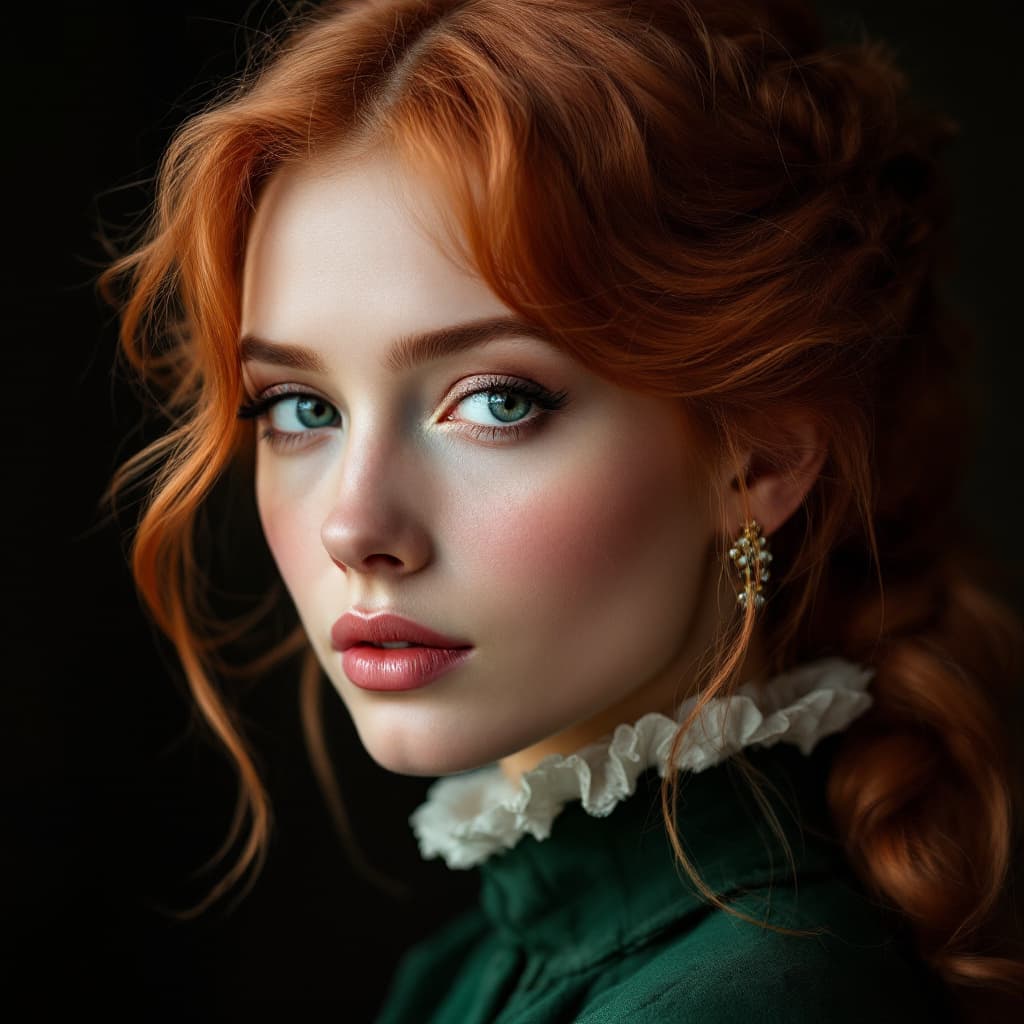AI generated: 
Close-up portrait, portrait of a woman with rose gold colored hair, in the 17th century Victorian s...