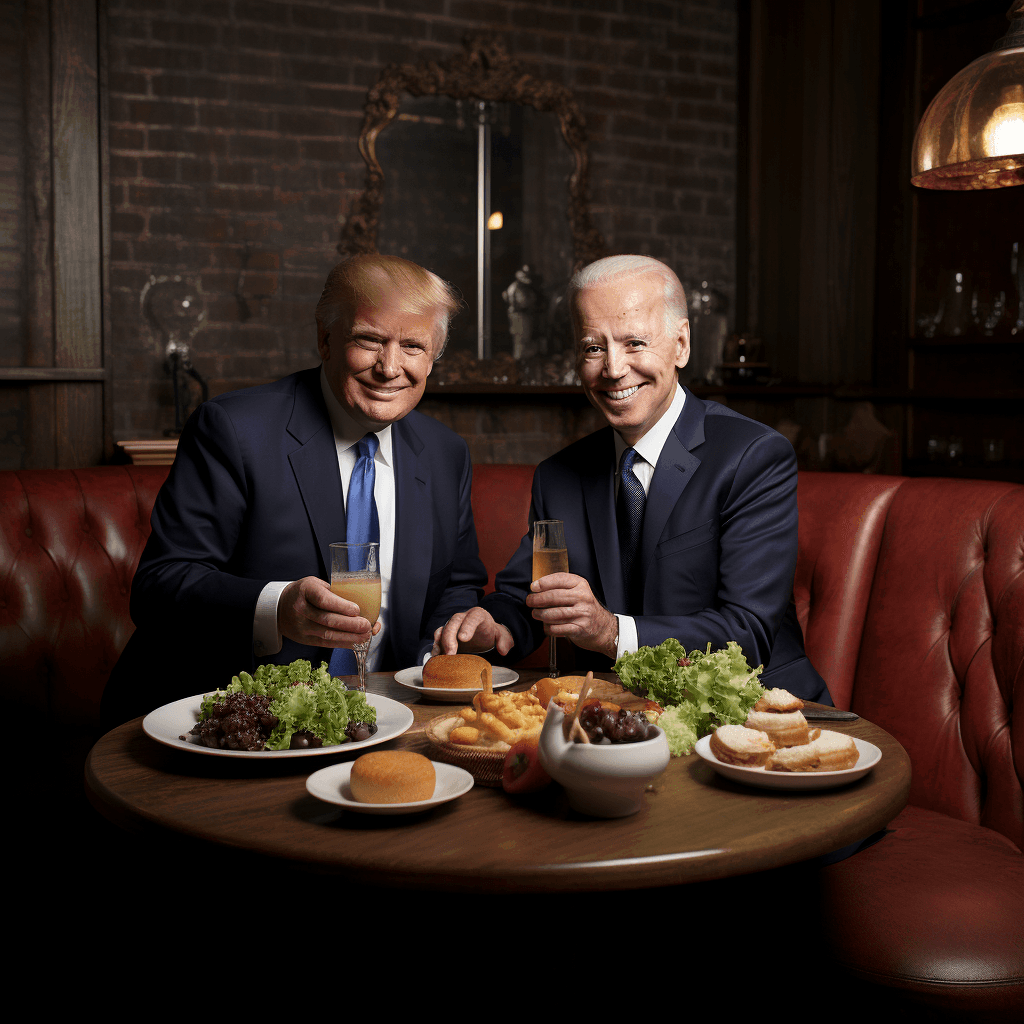 AI generated: Joe biden eating with donald trump, by Edmund Blair Leighton, Brom, Charlie Bowater, faces by Tom Ba...