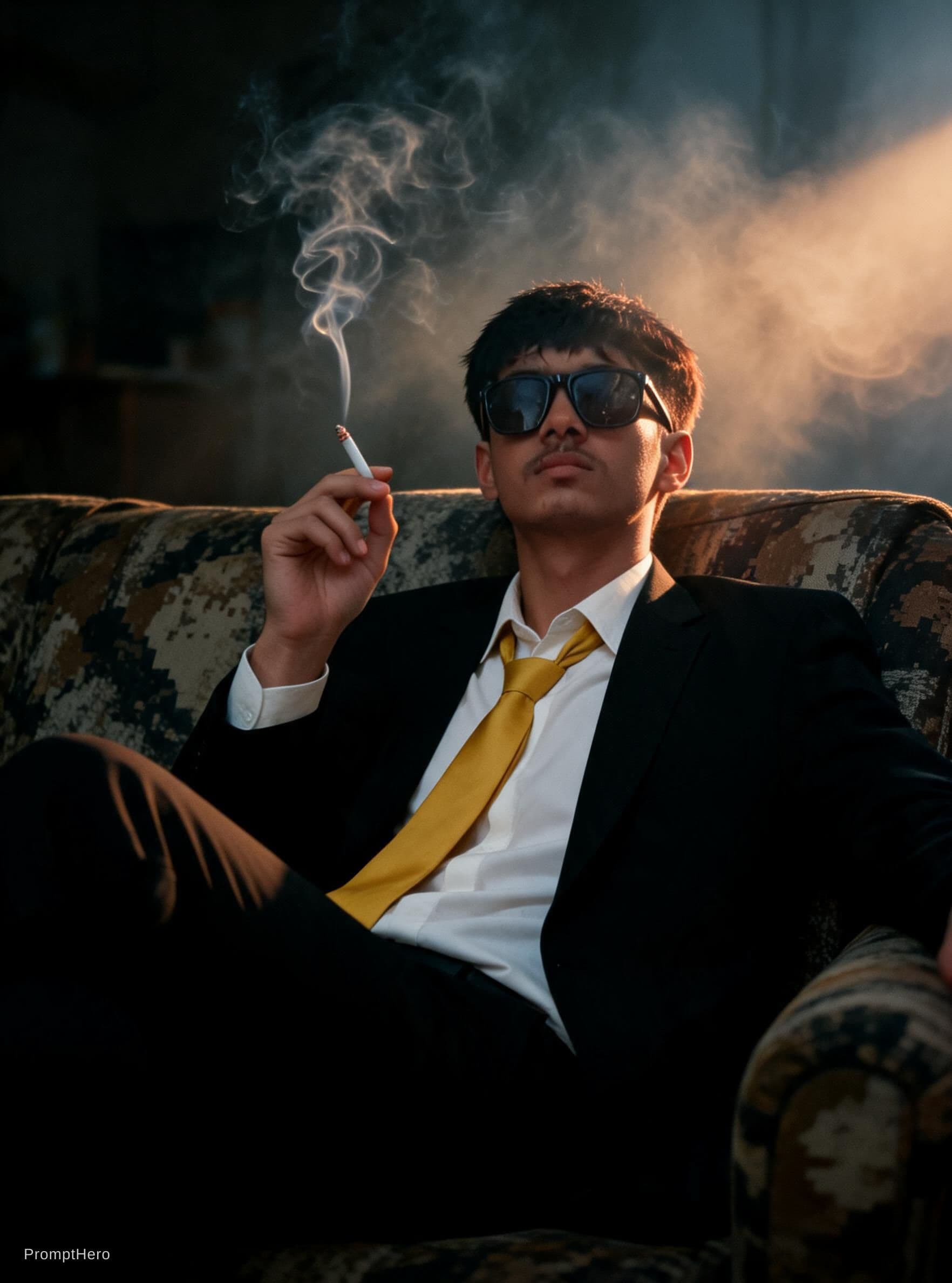 AI generated: photography, cover shoot, dimly lit room with a hazy atmosphere, capturing a professional male model...