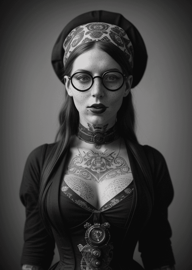 AI generated: High resolution photography detailed black and white photo of an attractive victorian steampunk woma...