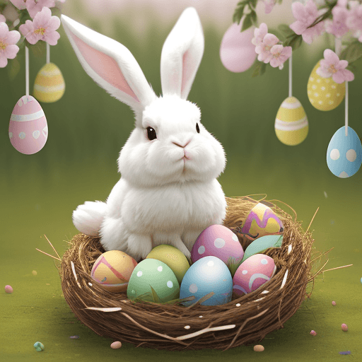 AI generated: Photo of a ultra realistic cute fluffy  bunny, sitting together with an cute chicken in a nest, surr...