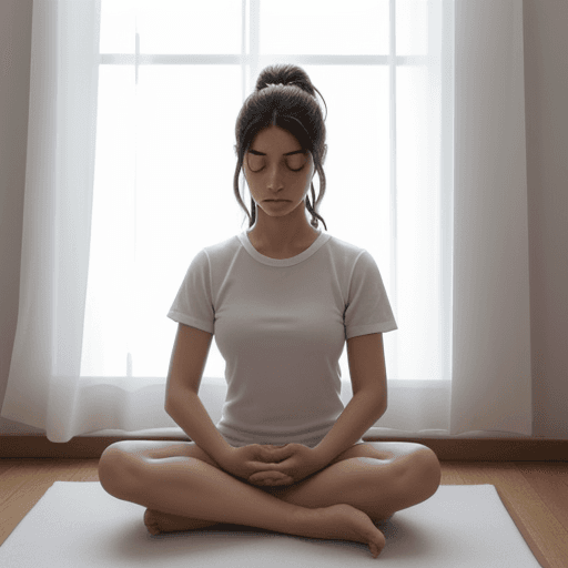 AI generated: Una persona estresada intentando hacer meditación. Hay gente por detrás molestando. En tono realista...