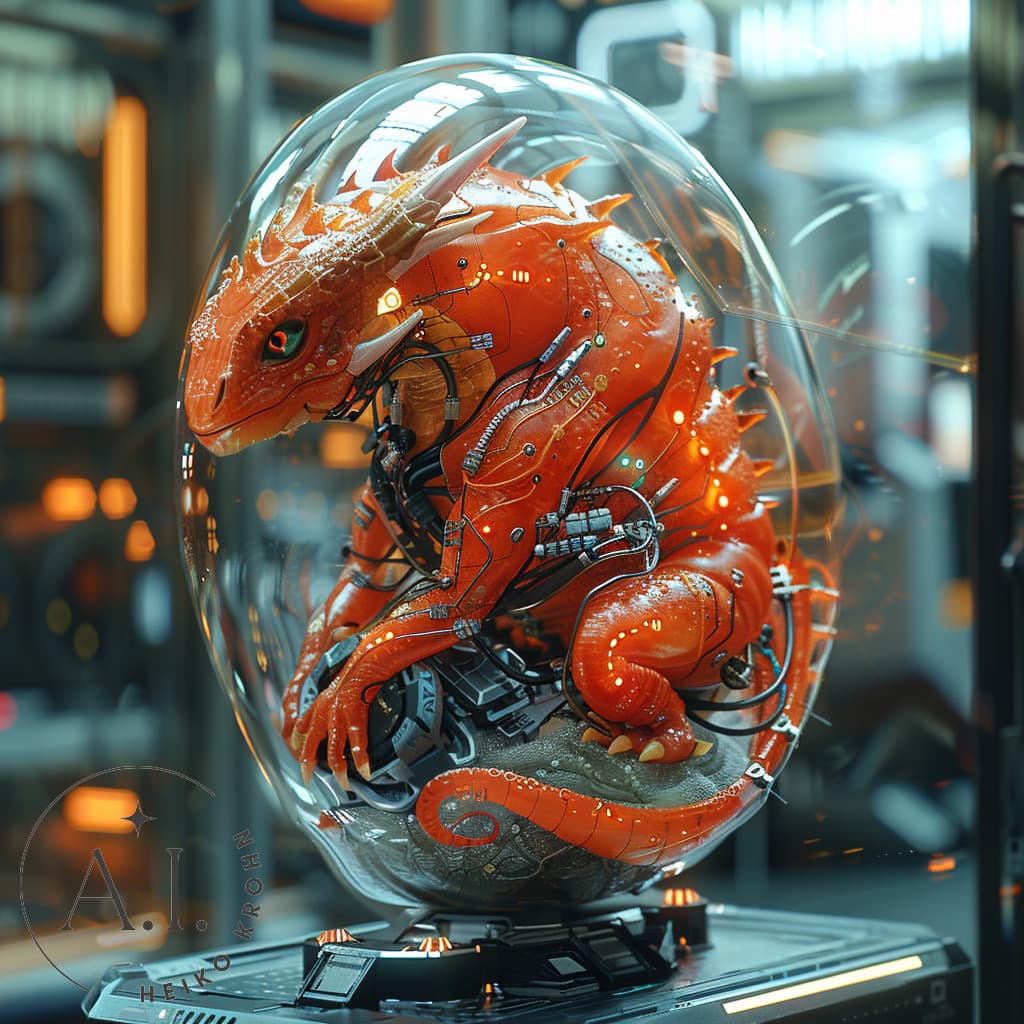 AI generated: A high-tech egg made of glass containing a baby dragon inside, dan experiment, biopunk, solarpunk, s...