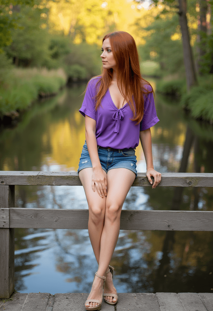 AI generated: A woman sits on the railing of a bridge overlooking a serene creek, its waters reflecting the warm s...