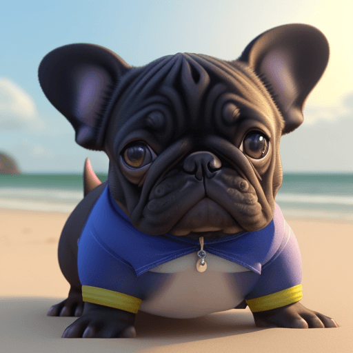 AI generated: Uma renderização 3D da Pixar de um french bulldog numa praia,  estilo animaçãoanimação  As expressõe...