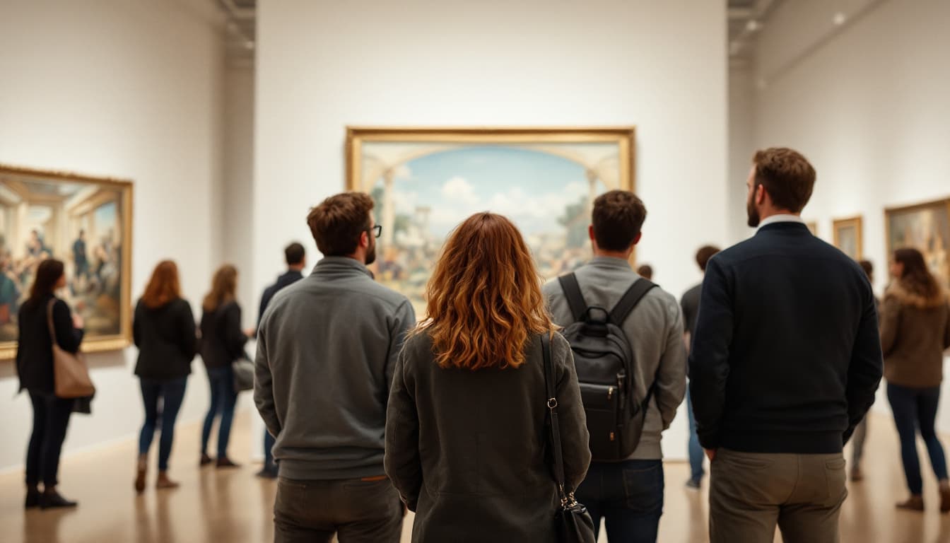 AI generated: A photograph of a company retreat doing an art gallery tour, they aare looking at the art within the...