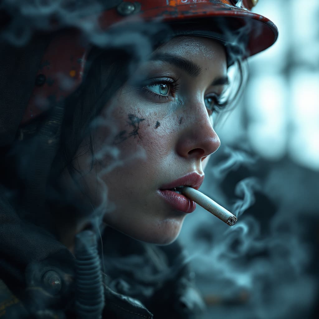 AI generated:  photo of the most beautiful artwork in the world for a woman featuring soft lustrous,she is Smoking...