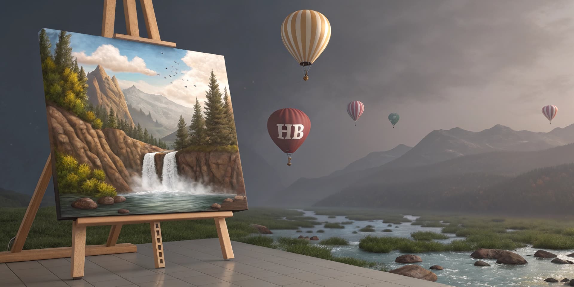 AI generated: A surreal and fantastical scene where art escapes the canvas: a landscape on an easel depicting a ti...