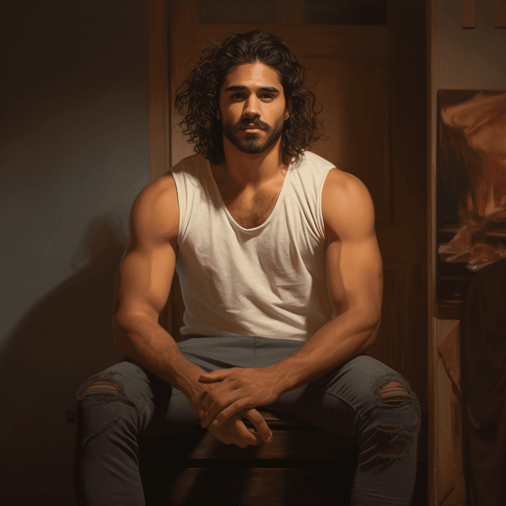 AI generated: man, ((hairy legs)), standing, handsome, muscular, latino, standing, handsome, muscular, he wears no...