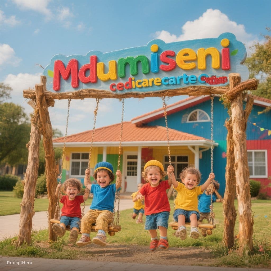 AI generated: Make a board for mdumiseni educare centre with pre school cartoon kids playing on the swings wearing...