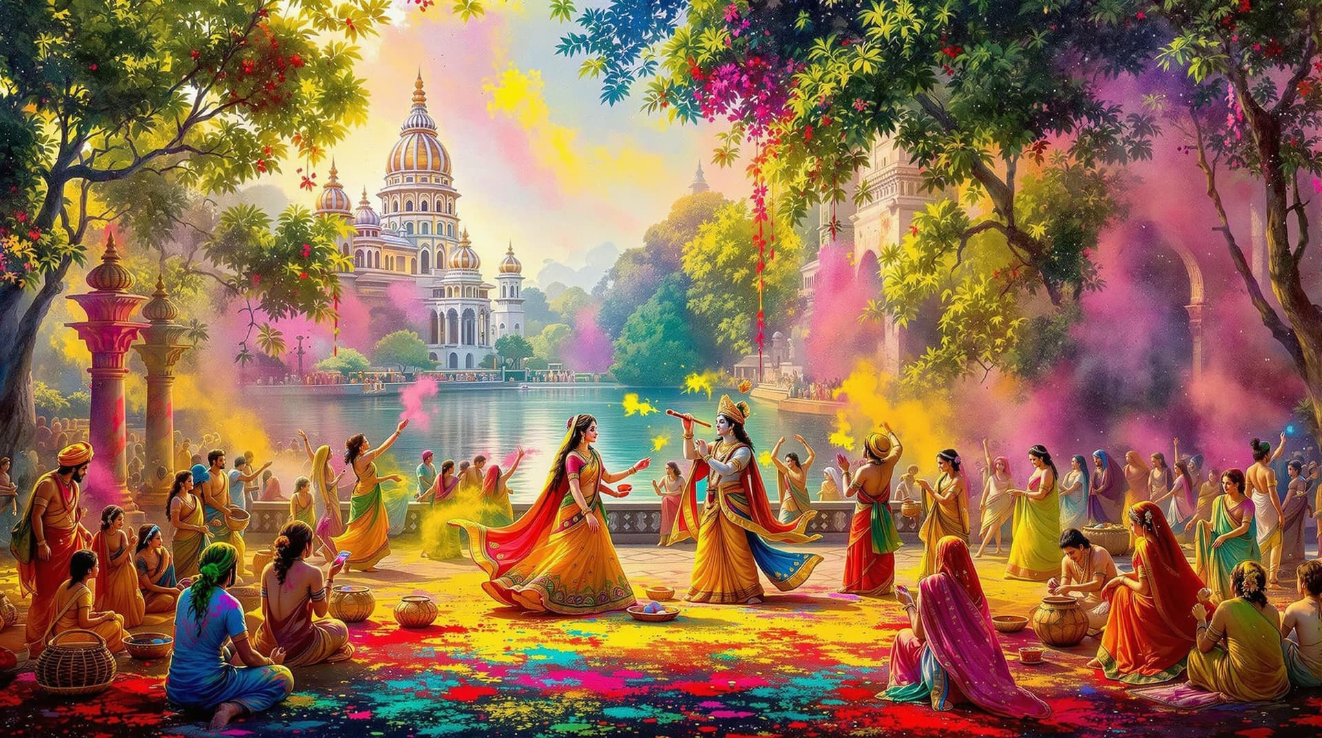 AI generated: "An intricate traditional Indian painting depicting a vibrant Holi celebration in Vrindavan, featuri...