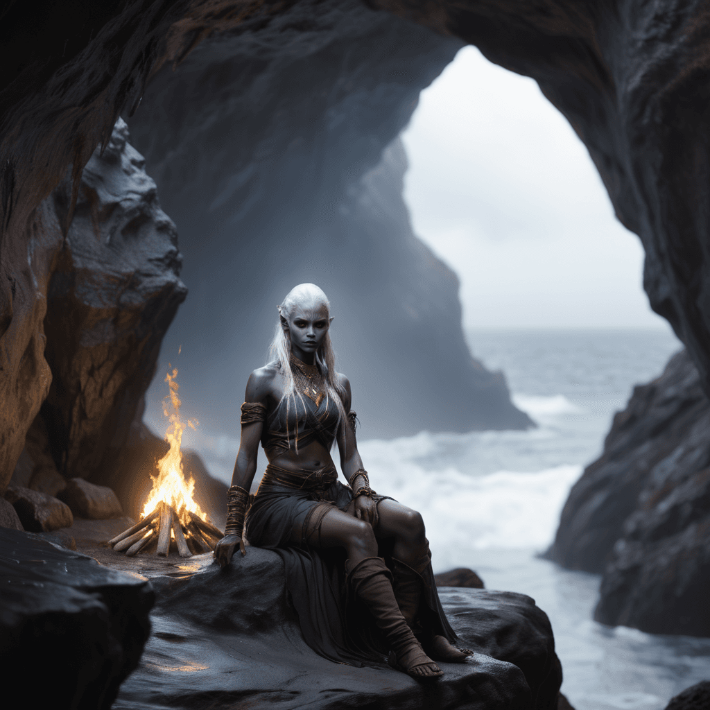 AI generated: photorealistic image of a drow character, clothed and with moderately long white hair, sitting on a ...