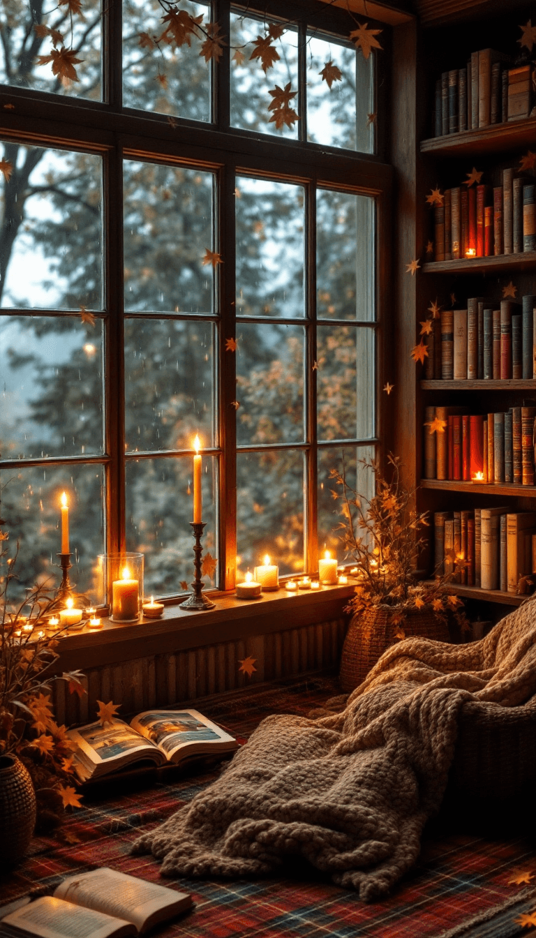 AI generated: photo of a cozy reading nook, near a big window, plaid pattern, old house, romantic, candlelight, bi...