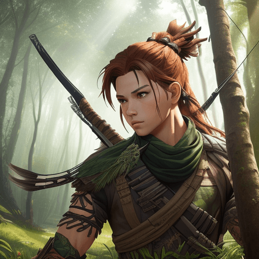 AI generated: mksks style, ((1boy)), ((hunter)) with bow \(weapon\), bow drawn, close-up, forest scene, lush green...