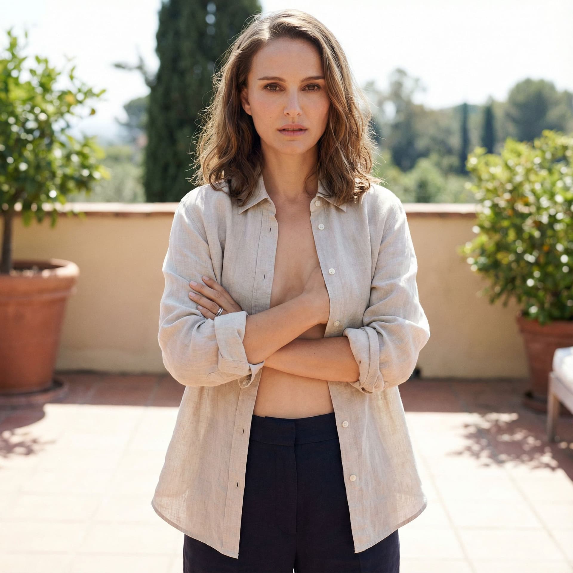 AI generated: Natalie Portman in topless,mentre si copre i capezzoli con le dita