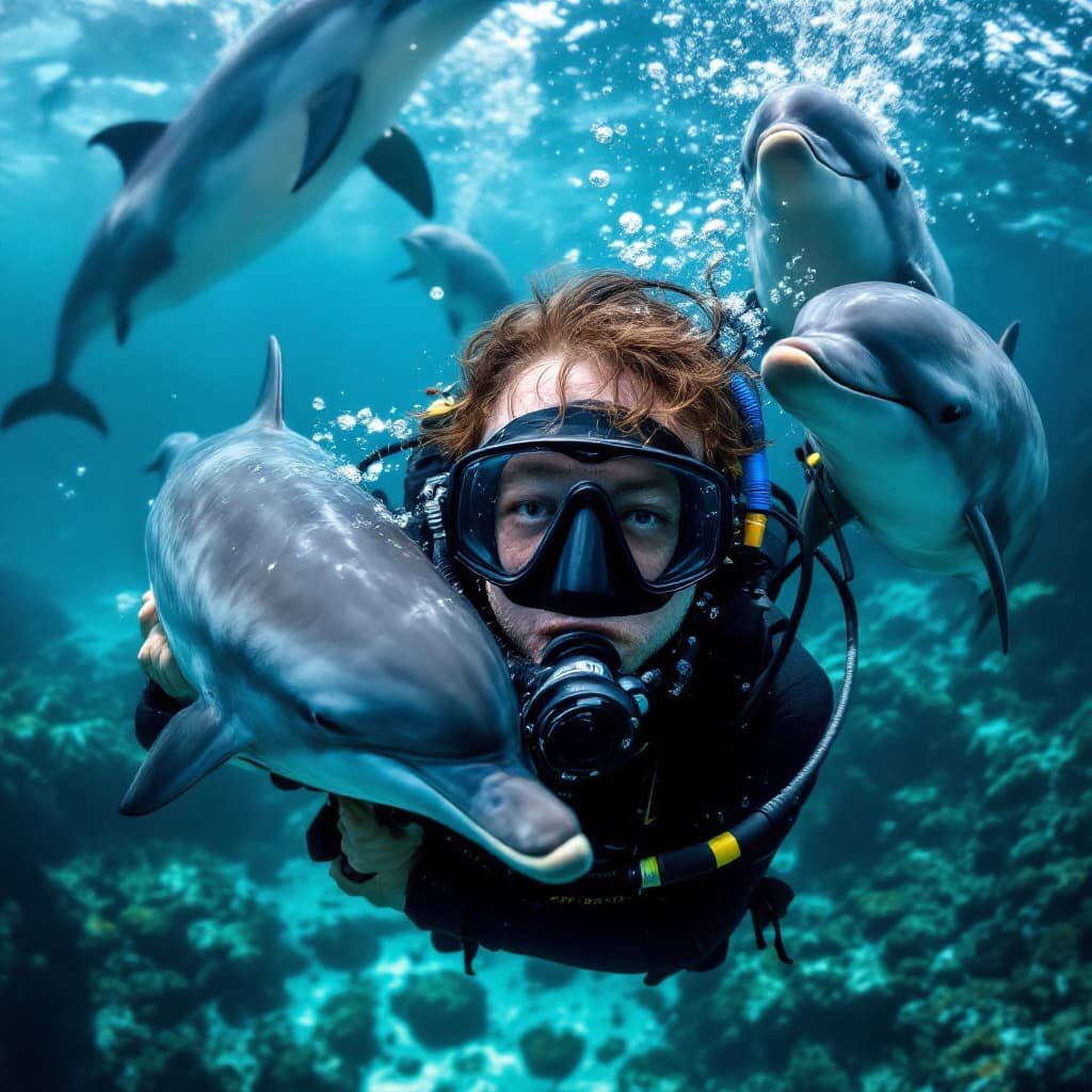 AI generated: high-resolution underwater photography, scuba diver swims with mask and breathing regulator with dol...