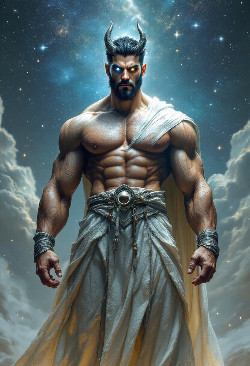 AI generated: God of Gods Muscular and tall Full body with short black and white hair with Black cleanly trimmed s...