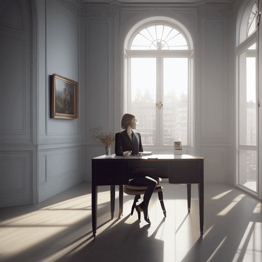 AI generated: A chic spacious office of a new generation, with beautiful furniture, bright sun shining through a l...